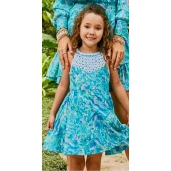 Lilly Pulitzer Kinley Dress Girls Size 3 Surf Blue Coral of the Story Excellent - Picture 2 of 8